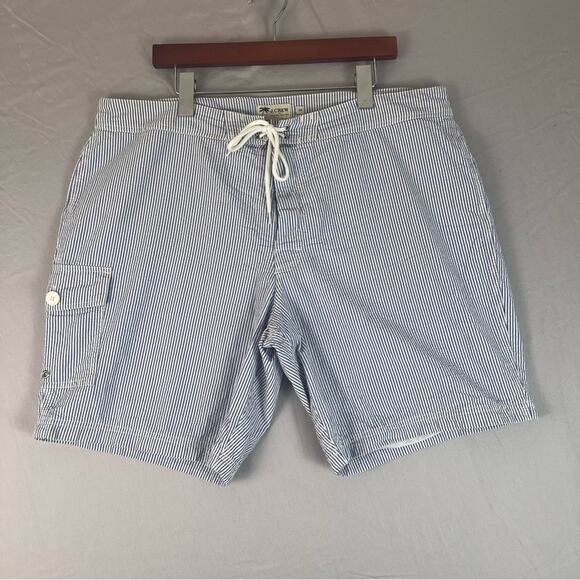 J Crew Seersucker Striped Swimsuit Mens 38 Blue White Retro Vintage Swim Trunks - Picture 10 of 10